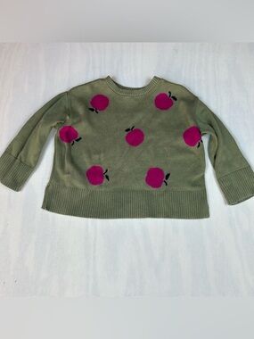GAP Olive Green Crewneck Knit Sweater with Fuchsia Apple Motif Kids Size: 5